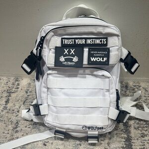 White MINIWOLF PAK Tactical Backpack with Black Accents